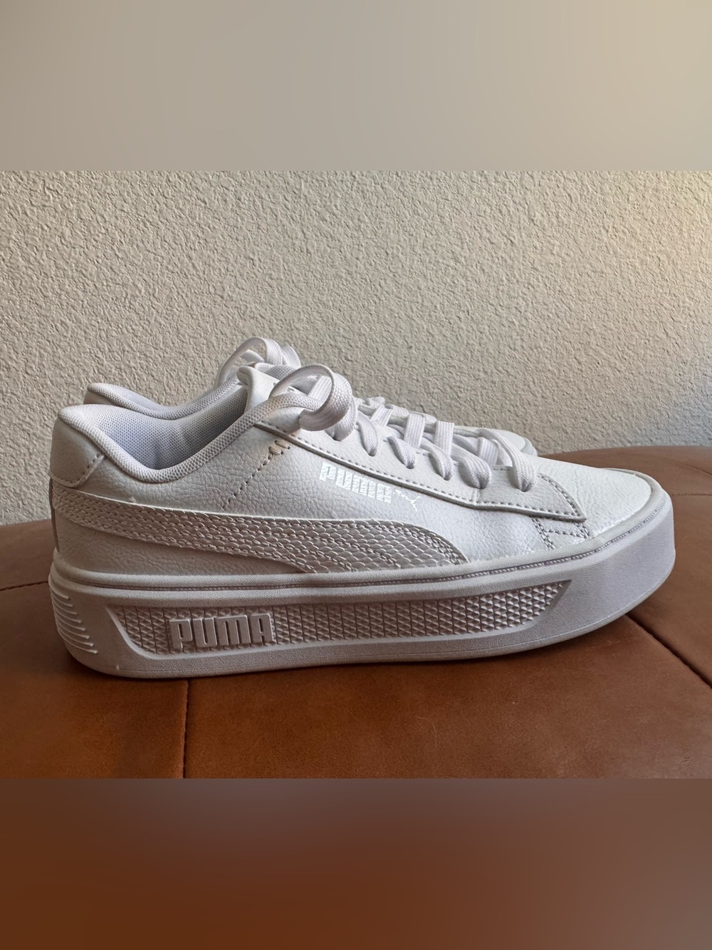 PUMA Smash V3 White Silver SoftFoam Platform Sneakers Size 8